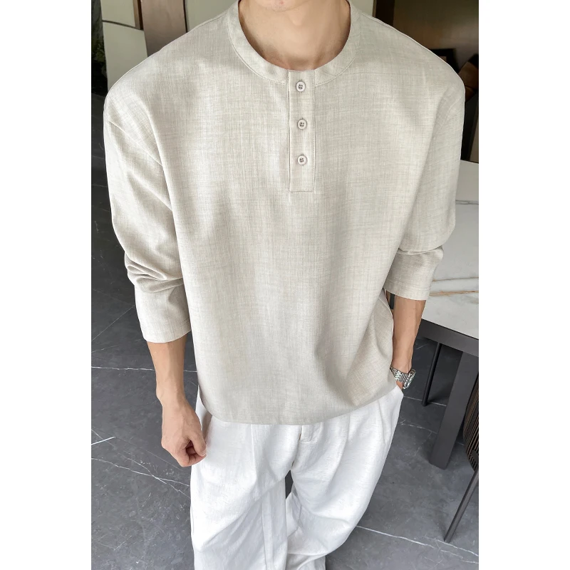 メンズカジュアルフェイクリネンヘンリーティー、長袖、3ボタン - Mens Fashion Summer のレビューと価格