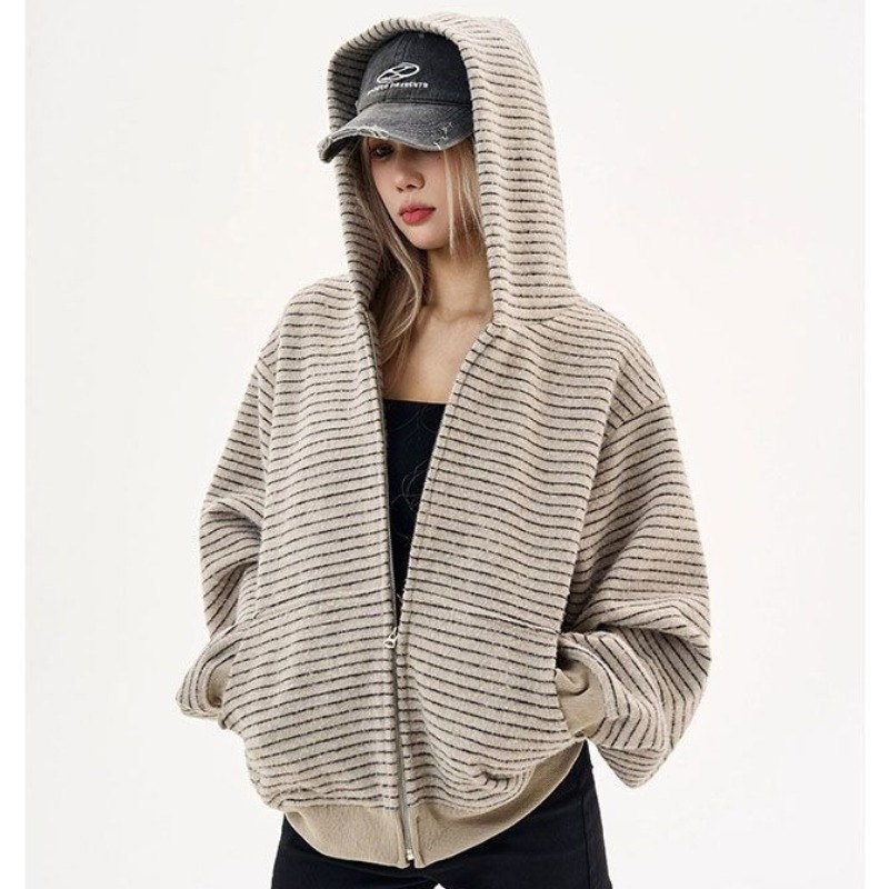 2026秋冬新作レトロストライプジッパーフーディコート韓国フ - Mens Fashion Zip Up Hoodies のレビューと価格