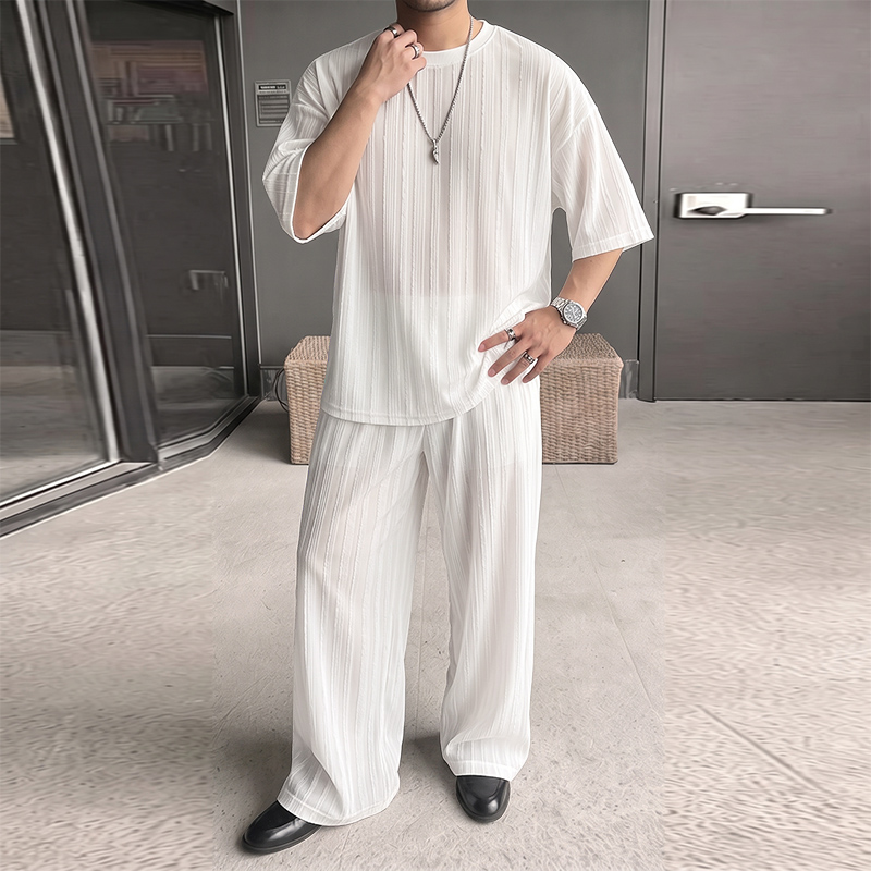 INCERUN メンズセット ストライプ柄 シースルー 半袖 - Men'S Fashion Loose Pants のレビューと価格