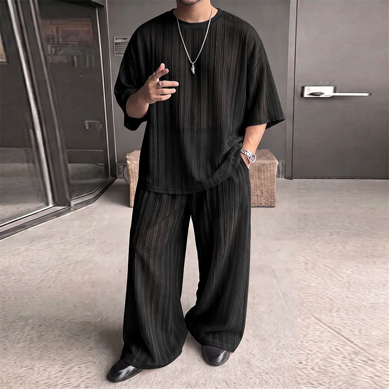 INCERUN メンズセット ストライプ柄 シースルー 半袖 - Men'S Fashion Loose Pants のレビューと価格