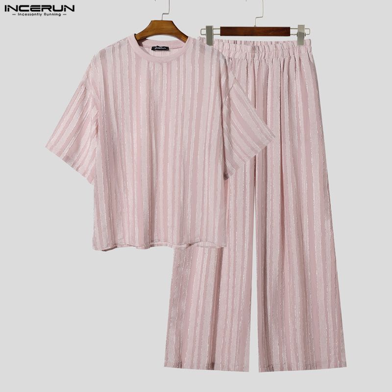 INCERUN メンズセット ストライプ柄 シースルー 半袖 - Men'S Fashion Loose Pants のレビューと価格
