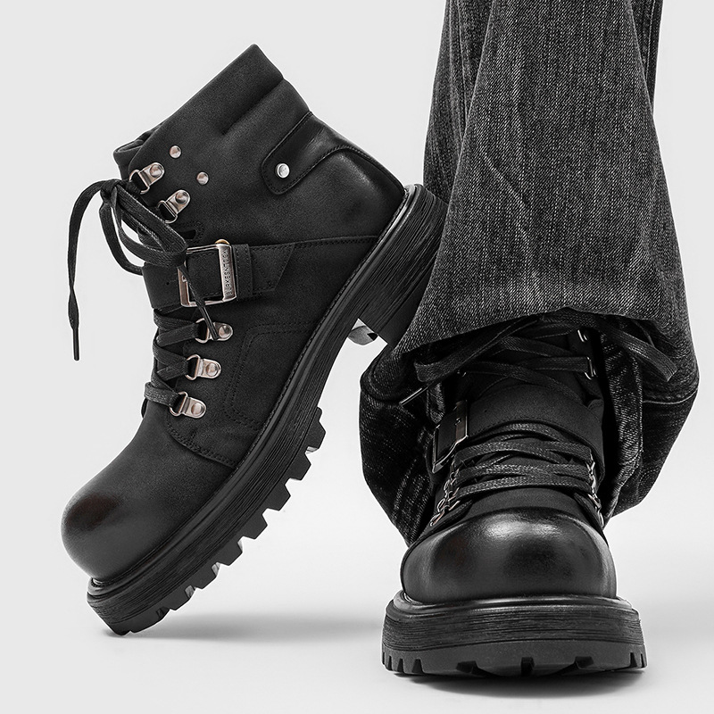ブランド男性革ブーツオートバイ雪カウボーイフラットプラットフ - Men'S Fashion Brands のレビューと価格