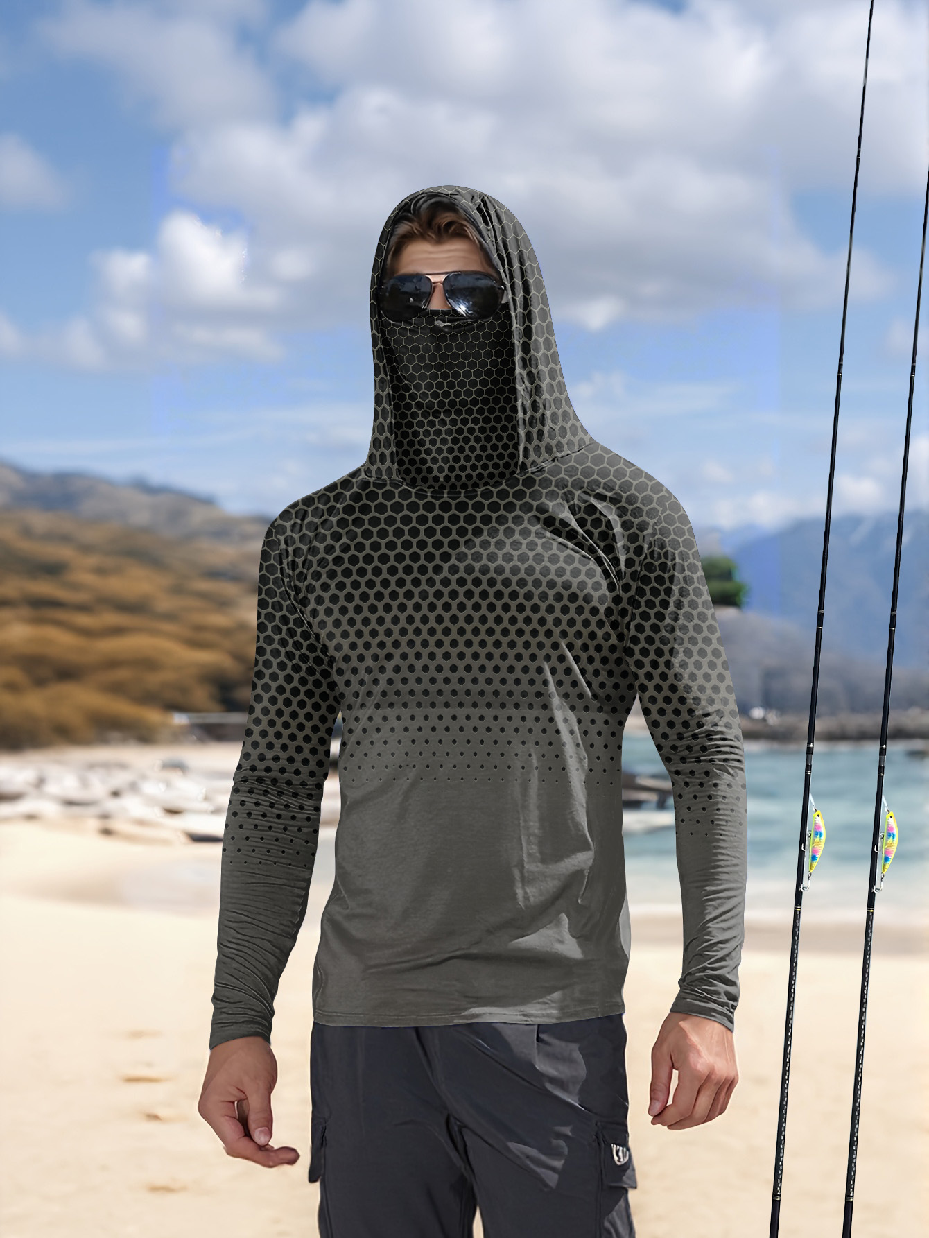 グレーグラデーションハニカムメンズフィッシングフード付きシャ - Mens Fashion Summer のレビューと価格