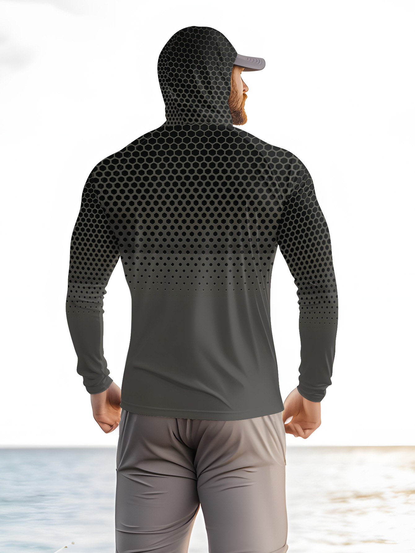 グレーグラデーションハニカムメンズフィッシングフード付きシャ - Mens Fashion Summer のレビューと価格