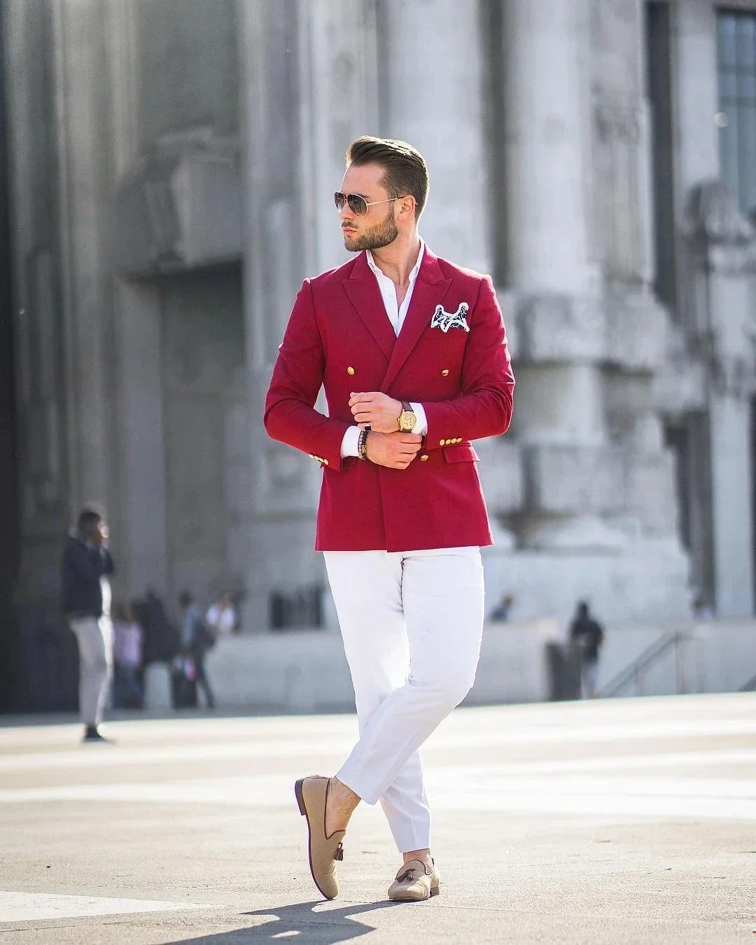 赤いジャケット、白いパンツ、ダブルブレストのファッショナブル - Slim Fit Blazer Men のレビューと価格