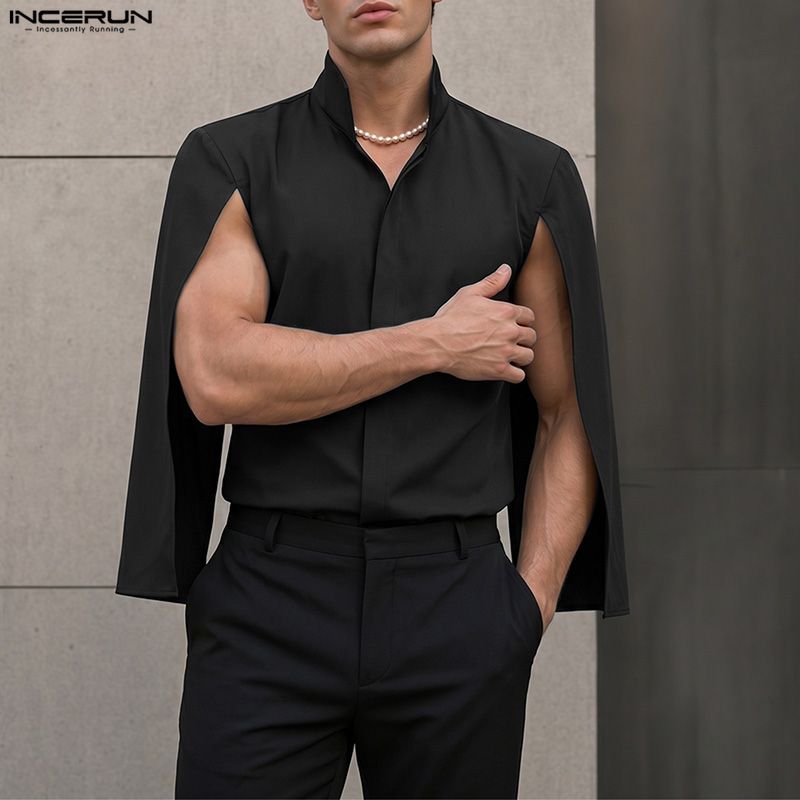 INCERUN メンズシャツ無地スタンドカラーカジュアルポン - Mens Fashion Poncho のレビューと価格