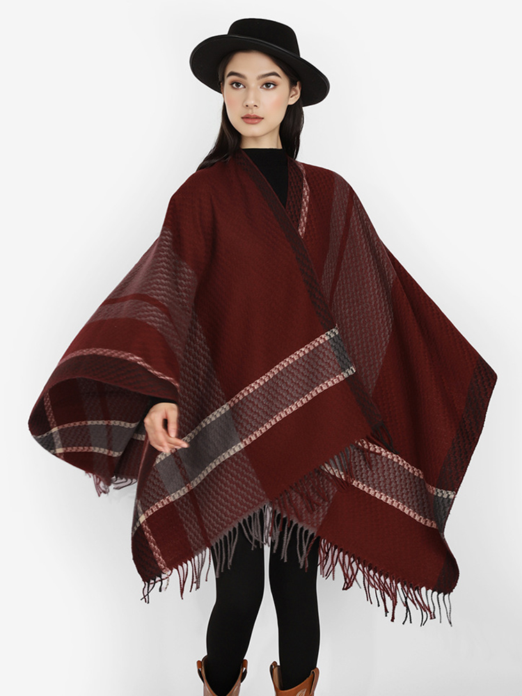 冬の女性男性スカーフレイヤーポンチョエレガントレトロストライ - Mens Fashion Poncho のレビューと価格