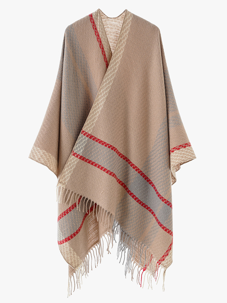 冬の女性男性スカーフレイヤーポンチョエレガントレトロストライ - Mens Fashion Poncho のレビューと価格