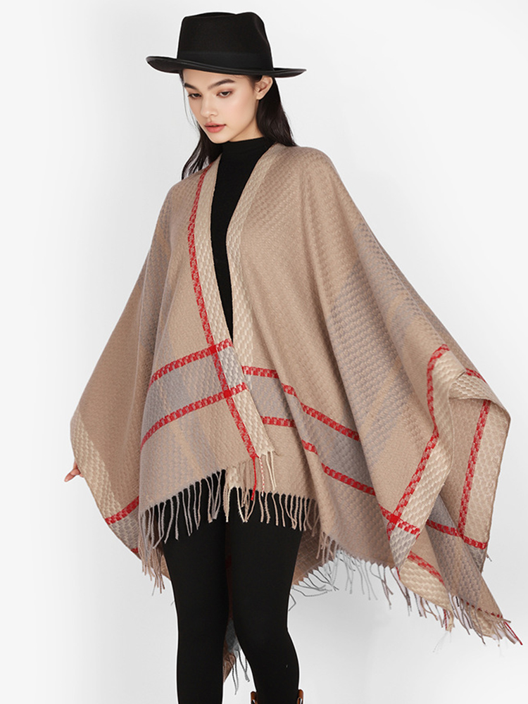 冬の女性男性スカーフレイヤーポンチョエレガントレトロストライ - Mens Fashion Poncho のレビューと価格