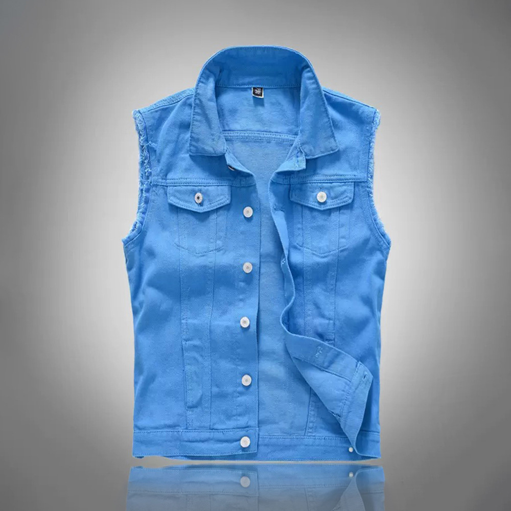 新しいファッション男性ブルーカジュアルデニムベストジャケット - Men'S Fashion Vest With Jeans のレビューと価格