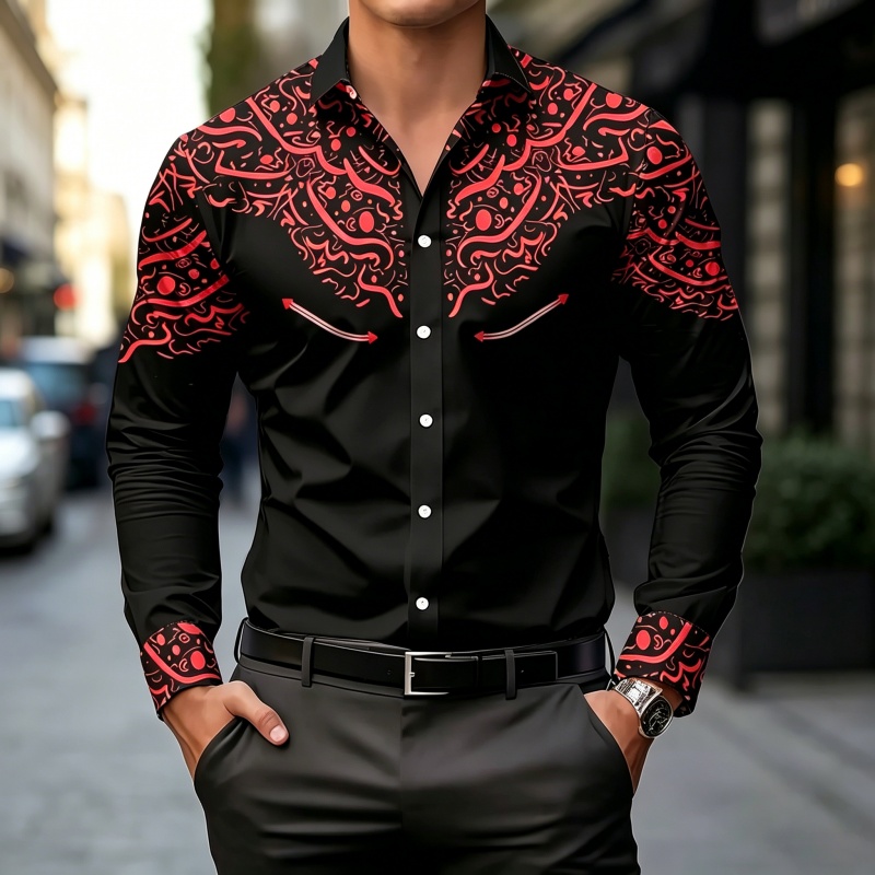 黒と白のコントラストプリントシャツ、スリムフィット、トレンデ - Mens Fashion Summer のレビューと価格