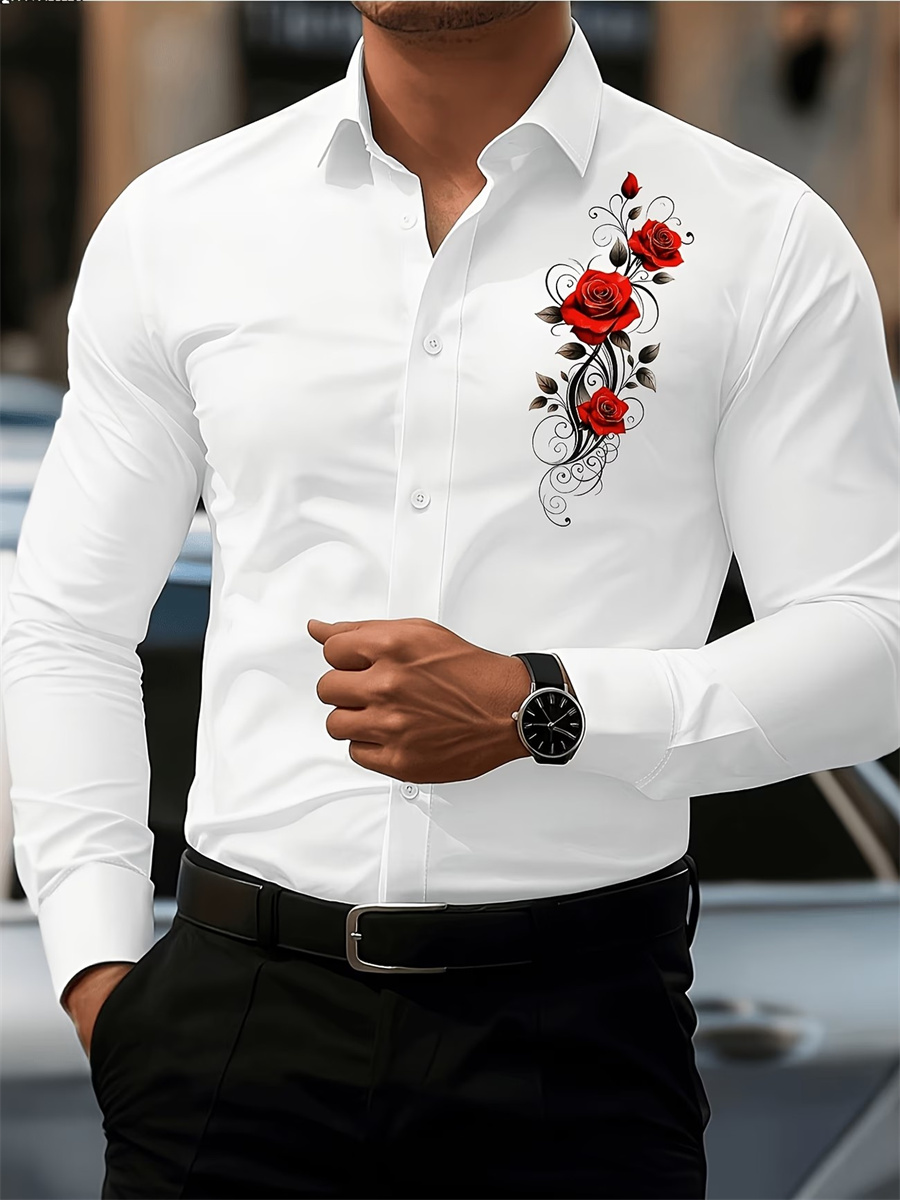 メンズ レッドローズプリント 長袖シャツ、ファッショナブルで - Men'S Fashion Usa のレビューと価格