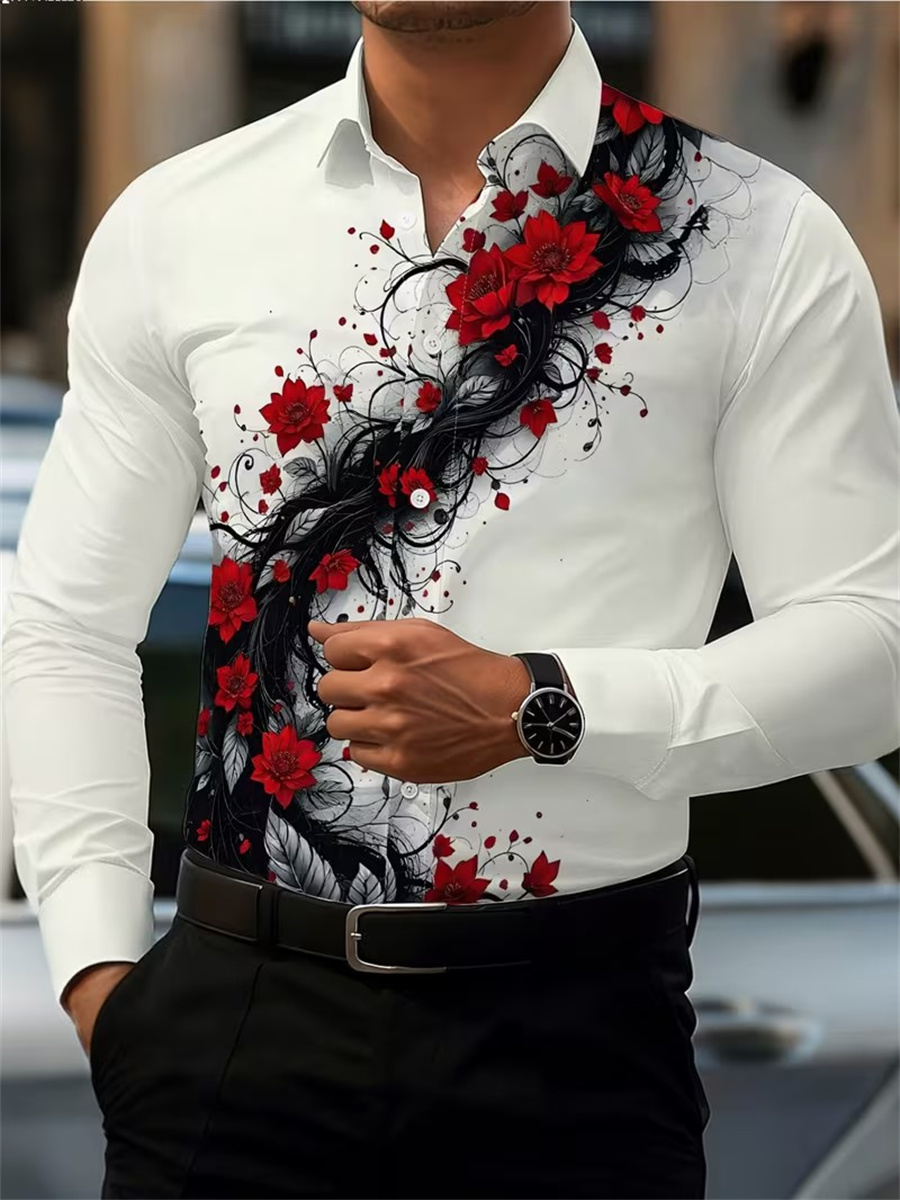 メンズ レッドローズプリント 長袖シャツ、ファッショナブルで - Men'S Fashion Usa のレビューと価格