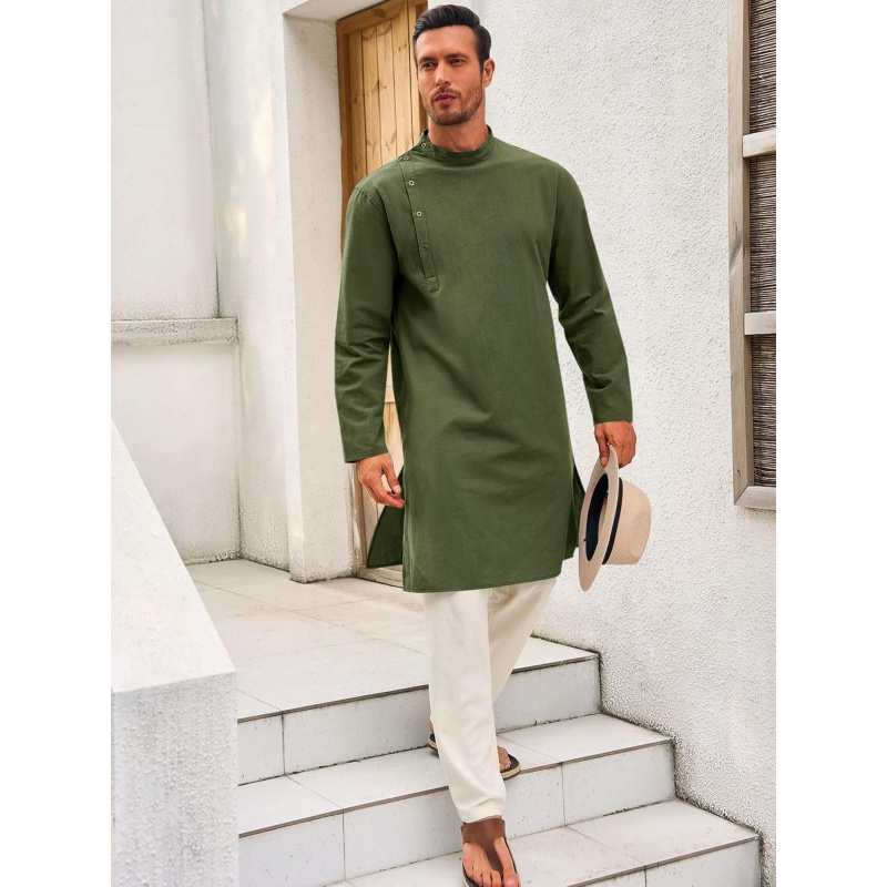 メンズカフタン・トーブ・ローブ、長袖コットンヘンリーシャツ、 - Men'S Fashion Kurta のレビューと価格