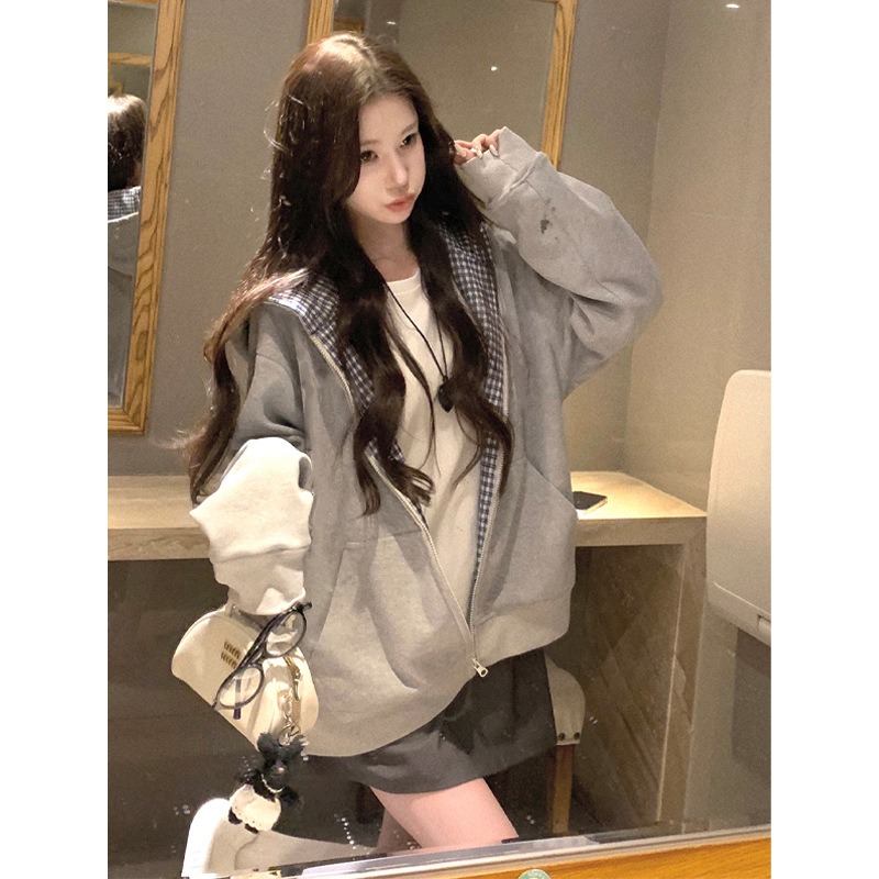 2026年秋新作 チェック柄裏地スプライシング ルーズジッパ - Mens Fashion Zip Up Hoodies のレビューと価格