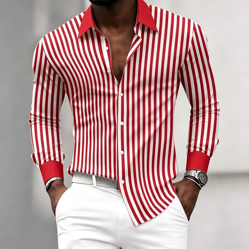 メンズ長袖襟付きシャツ、黒と白の縦縞、コントラストカラーと袖 - Mens Fashion Summer のレビューと価格