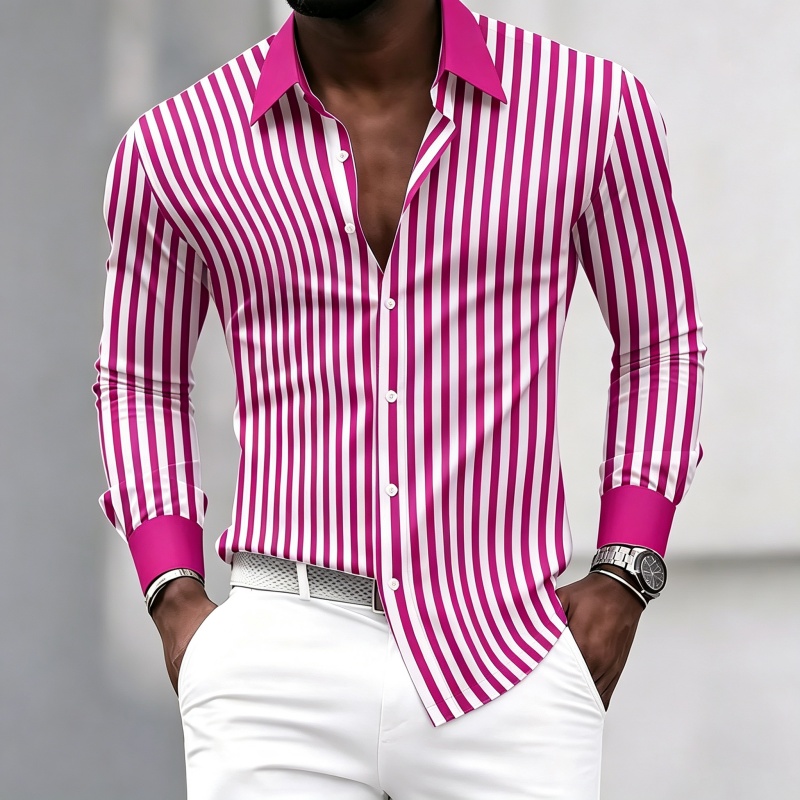メンズ長袖襟付きシャツ、黒と白の縦縞、コントラストカラーと袖 - Mens Fashion Summer のレビューと価格