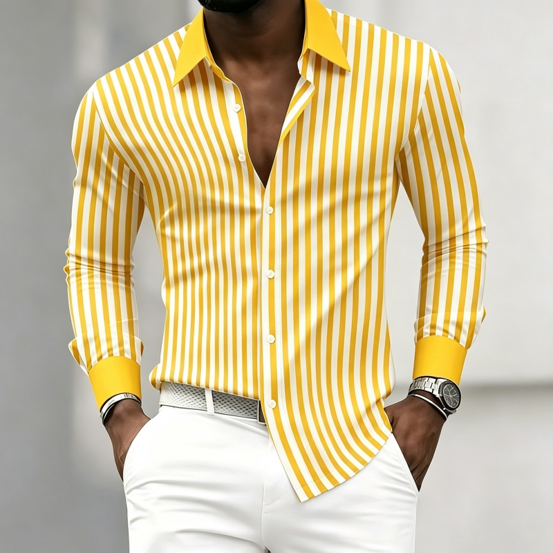 メンズ長袖襟付きシャツ、黒と白の縦縞、コントラストカラーと袖 - Mens Fashion Summer のレビューと価格