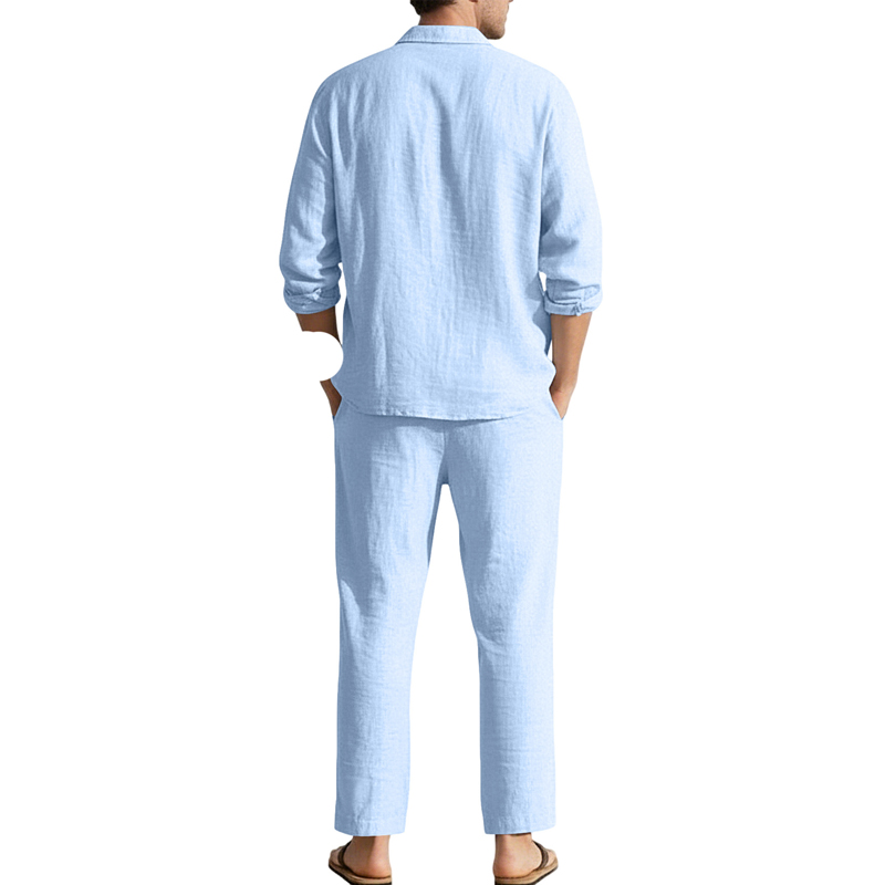 春夏リネンカジュアルセットゆったりビーチ長袖シャツ+ロングパ - Men'S Fashion Loose Pants のレビューと価格