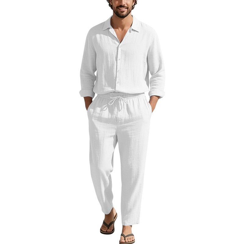 春夏リネンカジュアルセットゆったりビーチ長袖シャツ+ロングパ - Men'S Fashion Loose Pants のレビューと価格