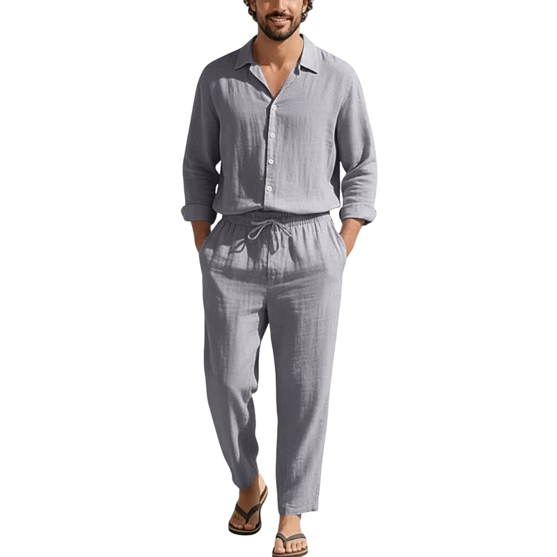 春夏リネンカジュアルセットゆったりビーチ長袖シャツ+ロングパ - Men'S Fashion Loose Pants のレビューと価格
