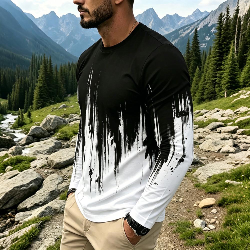 メンズグラデーションインクスプラッシュ長袖Tシャツカジュアル - Mens Fashion Top のレビューと価格