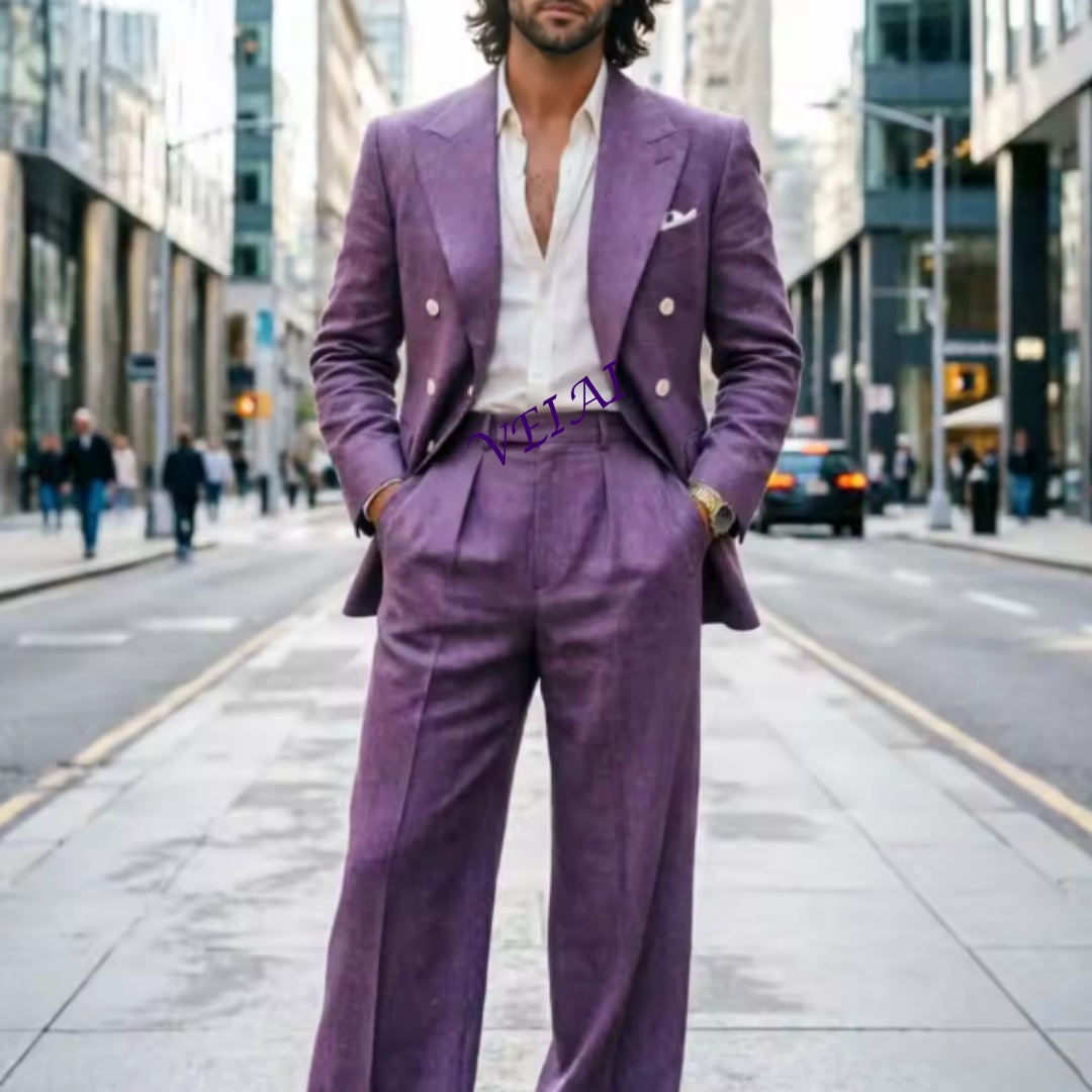 ライトブルーのリネン製ダブルブレスト2ピースウェディングスー - Slim Fit Blazer Men のレビューと価格