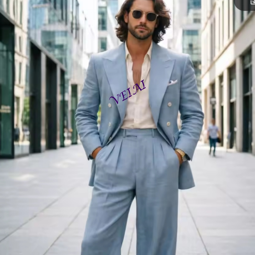 ライトブルーのリネン製ダブルブレスト2ピースウェディングスー - Slim Fit Blazer Men のレビューと価格