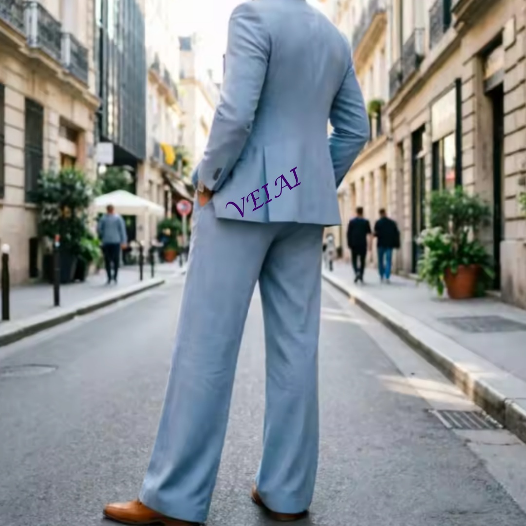 ライトブルーのリネン製ダブルブレスト2ピースウェディングスー - Slim Fit Blazer Men のレビューと価格